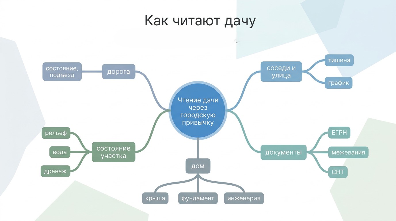 Пошаговый маршрут проверки дачи перед покупкой: район, участок, дом, документы и планирование бюджета с резервом на ремонт.