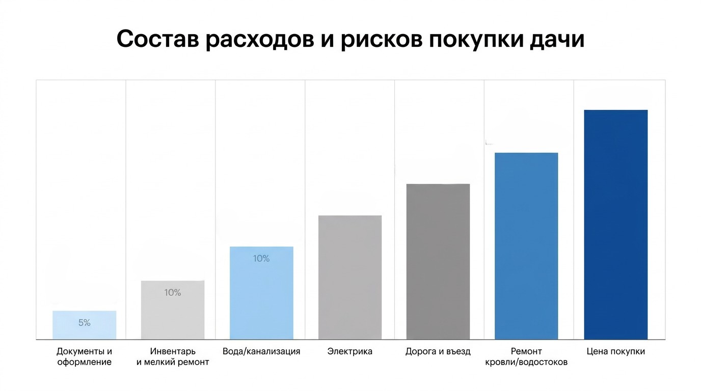 Диаграмма расходов при покупке дачи: от документов (5%) и коммуникаций до ремонта кровли и цены покупки — основные статьи затрат и риски.