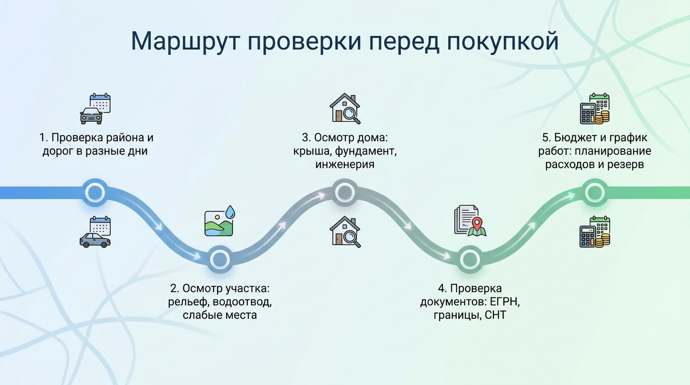 Пошаговый маршрут проверки дачи перед покупкой: район, участок, дом, документы и планирование бюджета с резервом на ремонт.